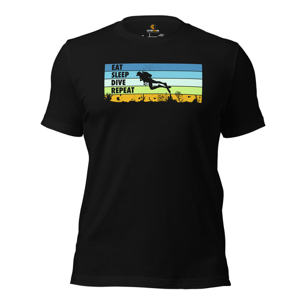 Scuba Diving Shirt - Beach Vacation Outfit, Attire - Gift Ideas for Outdoorsman, Nature Lovers - Retro Eat Sleep Dive Repeat T-Shirt - Black
