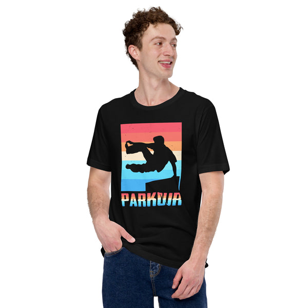 Skateboard Streetwear & Urban Outfit, Attire - Skate Shirt, Wear, Clothing - Gifts, Presents for Skateboarders - Retro Parkour City Tee - Black