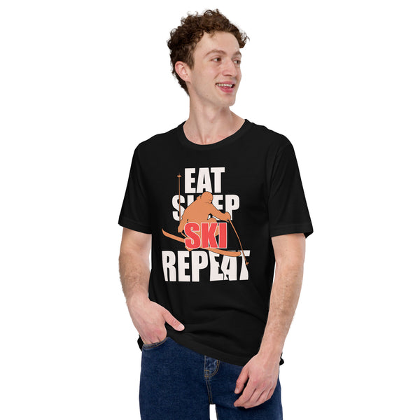 Skiing Shirt - Men's & Women's Snow Ski Attire, Wear, Clothes, Outfit - Gift, Present Ideas for Skiers - Funny Eat Sleep Ski Repeat Tee - Black