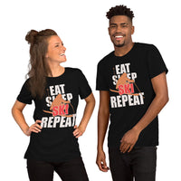 Skiing Shirt - Men's & Women's Snow Ski Attire, Wear, Clothes, Outfit - Gift, Present Ideas for Skiers - Funny Eat Sleep Ski Repeat Tee - Black, Unisex
