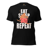 Skiing Shirt - Men's & Women's Snow Ski Attire, Wear, Clothes, Outfit - Gift, Present Ideas for Skiers - Funny Eat Sleep Ski Repeat Tee - Black