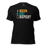 Skiing Shirt - Men's & Women's Snow Ski Attire, Wear, Clothes, Outfit - Gift Ideas for Skiers, Beer Lovers - Funny Beer Ski Repeat Tee - Black