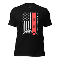 Skiing T-Shirt - Snowboarding Ski Attire, Gear, Clothes, Outfit - Gift, Present Ideas for Snowboarders - Patriotic Snow Board Tee - Black