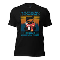 Skiing T-Shirt - Ski Attire, Clothes, Outfit - Gift Ideas for Snowboarders, Cat Lovers - I Snowboard I Drink Coffee & I Know Things Tee - Black