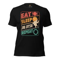 Jiu Jitsu T-Shirt - BJJ, MMA Attire, Wear, Clothes, Outfit - Gifts for Fighters, Wrestlers - 80s Retro Eat Sleep Jiu Jitsu Repeat Tee - Black