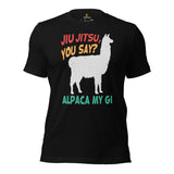 Brazillian Jiu Jitsu Shirt - BJJ, MMA Attire, Wear, Clothes, Outfit - Gifts for Fighters, Wrestlers - Funny Alpaca My Gi Jiu Jitsu Tee - Black