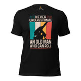 Jiu Jitsu T-Shirt - BJJ, MMA Attire, Wear, Clothes - Gifts for Fighters, Wrestlers - Never Underestimate An Old Man Who Can Roll Tee - Black