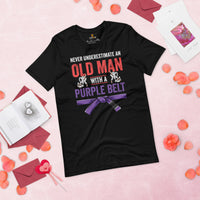 Jiu Jitsu T-Shirt - MMA Attire, Wear, Clothes - Gifts for Fighters, Wrestlers - Never Underestimate An Old Man With A Purple Belt Tee - Black