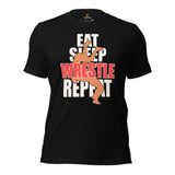 Pro Wrestling T-Shirt - Professional Martial Arts Outfit, Gear, Clothes - Gifts for Wrestlers - Funny Eat Sleep Wrestle Repeat Tee - Black