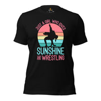 Pro Wrestling T-Shirt - Martial Arts Outfit, Gear, Clothes - Gifts for Wrestlers - Just A Girl Who Loves Sunshine And Wrestling Tee - Black