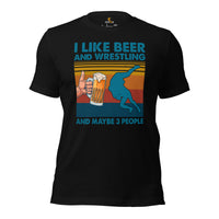 Pro Wrestling T-Shirt - Martial Arts Outfit, Clothes - Gifts for Wrestlers, Beer Lovers - I Like Beer & Wrestling & Maybe 3 People Tee - Black