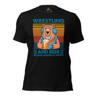 Pro Wrestling T-Shirt - Gifts for Wrestlers, Beer Lovers - Smokey The Bear Shirt - Wrestling And Beer Because Murder Is Wrong Tee - Black