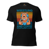 Pro Wrestling T-Shirt - Gifts for Wrestlers, Coffee Lovers - Smokey The Bear Shirt - Wrestling And Coffee Because Murder Is Wrong Tee - Black