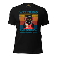 Pro Wrestling T-Shirt - Martial Arts Outfit, Wear - Gifts for Wrestlers, Cat Lovers - Wrestling And Bourbon Because Murder Is Wrong Tee - Black