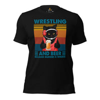 Pro Wrestling T-Shirt - Martial Arts Outfit, Wear - Gifts for Wrestlers, Cat Lovers - Wrestling And Beer Because Murder Is Wrong Tee - Black