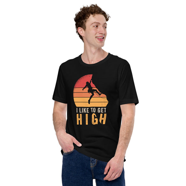 Mountaineering T-Shirt - Gifts for Rock Climbers, Hikers, Outdoorsy Mountain Men - Climbing Outfit, Clothes - I Like To Get High Tee - Black
