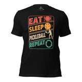 Pickleball T-Shirt - Pickle Ball Sport Outfit, Clothes, Apparel - Gifts for Pickleball Players - Retro Eat Sleep Pickleball Repeat Tee - Black