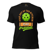 Pickleball T-Shirt - Pickle Ball Sport Outfit, Clothes For Men & Women - Gifts for Pickleball Players - Stay Out Of The Kitchen Tee - Black