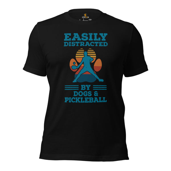 Pickleball T-Shirt - Pickle Ball Sport Outfit, Clothes - Gifts for Pickleball Players - Easily Distracted By Dogs And Pickleball Tee - Black