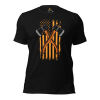 Lumberjack T-Shirt - Gift for Logger, Carpenter, Axe Thrower - Logging, Hatchet Axe Throwing Outfit - Patriotic Us Flag Themed Tee - Black