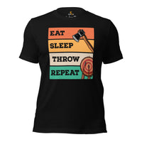 Lumberjack T-Shirt - Gift for Logger, Carpenter, Axe Thrower - Logging, Axe Throwing Outfit - Vintage Eat Sleep Throw Repeat Tee - Black