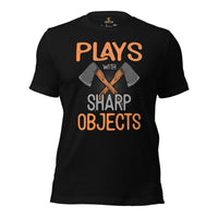 Lumberjack T-Shirt - Gift for Logger, Carpenter, Axe Thrower - Logging, Axe Throwing, Carpentry Outfit - Play With Sharp Objects Tee - Black