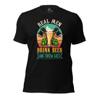 Lumberjack T-Shirt - Gift for Logger, Carpenter, Beer Lover - Logging, Carpentry Outfit, Clothes - Real Men Drink Beer & Throw Axes Tee - Black