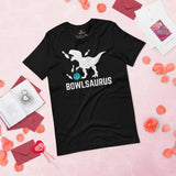 Men's & Women's Bowler Shirt, Outfit - Bowling Alley Themed Party Favors - Presents, Gifts for Bowlers - Funny Bowlsaurus Dinosaur Tee - Black