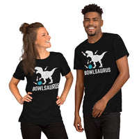 Men's & Women's Bowler Shirt, Outfit - Bowling Alley Themed Party Favors - Presents, Gifts for Bowlers - Funny Bowlsaurus Dinosaur Tee - Black, Unisex