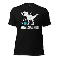 Men's & Women's Bowler Shirt, Outfit - Bowling Alley Themed Party Favors - Presents, Gifts for Bowlers - Funny Bowlsaurus Dinosaur Tee - Black