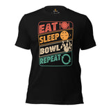 Men's & Women's Bowler Shirt, Outfit - Bowling Alley Themed Party Favors - Present, Gift for Bowler - Retro Eat Sleep Bowl Repeat Tee - Black