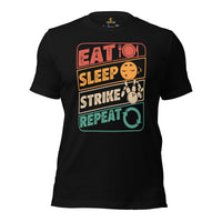 Men's & Women's Bowler Shirt, Outfit - Bowling Alley Themed Party Favors - Present, Gift for Bowler - Retro Eat Sleep Bowl Repeat Tee - Black