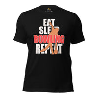 Men's & Women's Bowler T-Shirt, Outfit - Bowling Alley Themed Party Favors - Gift for Bowler - Funny Eat Sleep Bowling Repeat Tee - Black