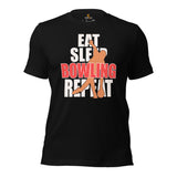 Men's & Women's Bowler T-Shirt, Outfit - Bowling Alley Themed Party Favors - Gift for Bowler - Funny Eat Sleep Bowling Repeat Tee - Black