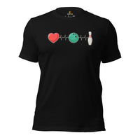 Men's & Women's Bowler T-Shirt, Outfit - Bowling Alley Themed Party Favors - Present, Gift for Bowler - Heartbeat Bowling Inspired Tee - Black