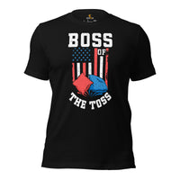 Cornhole T-Shirt - Corn Hole Bags & Board, Bean Bag Toss, Outdoor Yard & Backyard Party Games Gift & Outfit - Boss Of The Toss Tee - Black