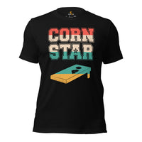 Cornhole T-Shirt - Corn Hole Bags & Board, Bean Bag Toss, Outdoor Yard & Backyard Party Games Gift & Outfit - Retro Corn Star Tee - Black