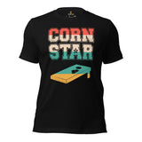 Cornhole T-Shirt - Corn Hole Bags & Board, Bean Bag Toss, Outdoor Yard & Backyard Party Games Gift & Outfit - Retro Corn Star Tee - Black