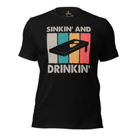 Cornhole T-Shirt - Corn Hole Bags & Board, Bean Bag Toss, Outdoor Yard & Backyard Party Games Gift - Retro Sinkin' And Drinkin' Tee - Black