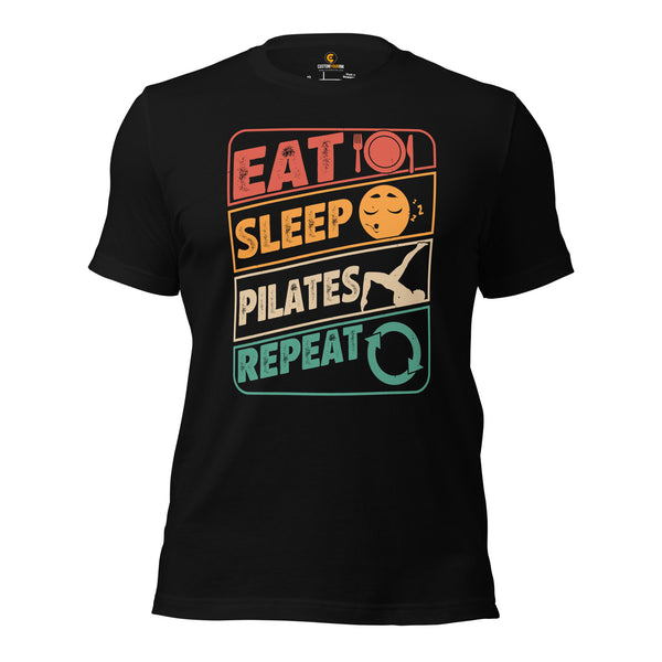 Yoga & Pilates Shirts, Wear, Clothes, Outfits, Attire & Apparel - Gifts for Yoga Lovers, Teacher - Retro Eat Sleep Pilates Repeat Tee - Black