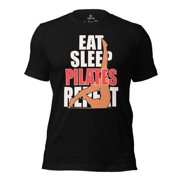 Yoga & Pilates Shirts, Wear, Clothes, Outfits, Attire & Apparel - Gifts for Yoga Lovers, Teacher - Funny Eat Sleep Pilates Repeat Tee - Black