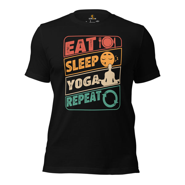 Yoga & Pilates Shirts, Wear, Clothes, Outfits, Attire & Apparel - Gifts for Yoga Lovers, Teacher - 80s Retro Eat Sleep Yoga Repeat Tee - Black