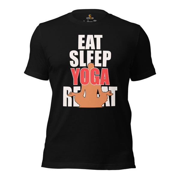 Yoga & Pilates Shirts, Wear, Clothes, Outfits, Attire & Apparel - Gifts for Yoga Lovers, Teacher - Funny Eat Sleep Yoga Repeat Tee - Black