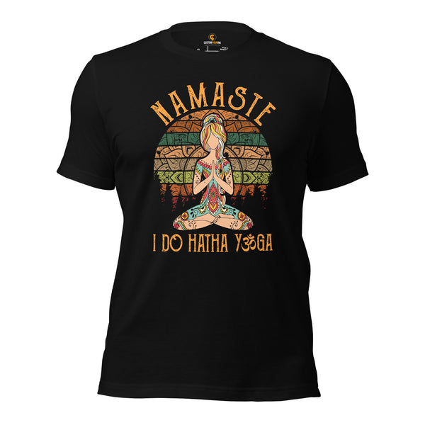 Yoga, Pilates Shirts, Wear, Clothes, Outfit, Attire & Apparel For Ladies - Gifts for Yoga Lovers, Teacher - Namaste I Do Hatha Yoga Tee - Black