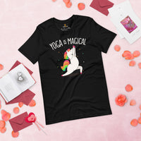 Yoga & Pilates Shirts, Wear, Clothes, Outfits, Attire & Apparel - Gifts for Yoga Lovers, Teacher - Yoga Is Magical Adorable Unicorn Tee - Black