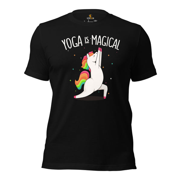 Yoga & Pilates Shirts, Wear, Clothes, Outfits, Attire & Apparel - Gifts for Yoga Lovers, Teacher - Yoga Is Magical Adorable Unicorn Tee - Black