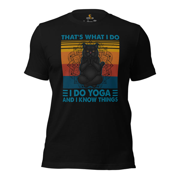 Yoga & Pilates Shirts, Wear, Clothes, Outfits, Attire & Apparel - Gifts for Yoga & Cat Lovers, Teacher - I Do Yoga & I Know Things Tee - Black