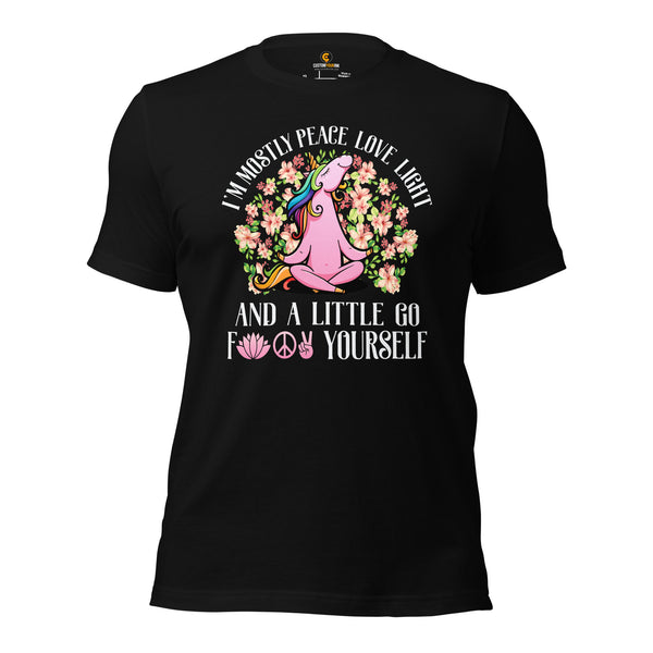 Yoga, Pilates Shirts, Wear, Clothes, Outfits & Apparel - Gifts for Yoga & Unicorn Lovers, Teacher - I'm Mostly Peace Love Light Tee - Black