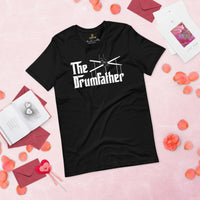 Drum Kit Set T-Shirt - Music Band Concert Tee Shirts - Drumming Gifts, Presents for Drummers & Musicians - Vintage The Drumfather Tee - Black
