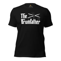 Drum Kit Set T-Shirt - Music Band Concert Tee Shirts - Drumming Gifts, Presents for Drummers & Musicians - Vintage The Drumfather Tee - Black